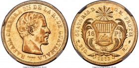 Republic gold 16 Pesos 1863-R AU55 NGC, Guatemala mint, KM183, Fr-31. Large planchet variety. Mintage: 459. One of the famed rarities of the Guatemala...