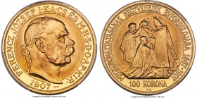 Franz Joseph I gold Restrike "Coronation" 100 Korona 1907-KB MS67 PCGS, Kremnitz mint, KM490. 40th Year Official Restrike, struck in 1947. Displaying ...