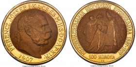 Franz Joseph I gold "Coronation" 100 Korona 1907-KB MS65 PCGS, Kremnitz mint, KM490, Fr-256, Husz-2213. Struck upon the 40th anniversary of Franz Jose...