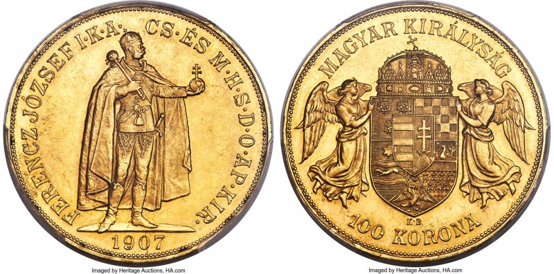 Franz Joseph I gold 100 Korona 1907-KB MS62 PCGS, Kremnitz mint, KM491. From a t...