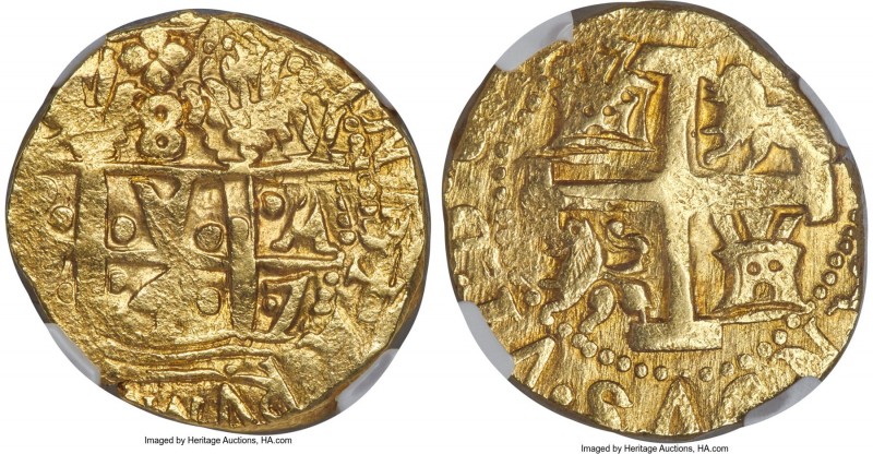 Ferdinand VI gold Cob 8 Escudos 1747 L-V MS62 NGC, Lima mint, KM47, Cal-65. 27.0...