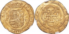Philip II gold Cob 2 Escudos ND (1556-1598) G-A MS65 NGC, Granada mint, Fr-168, Cal-41, Cay-4087. 6.77gm. The sole finest known example of this normal...
