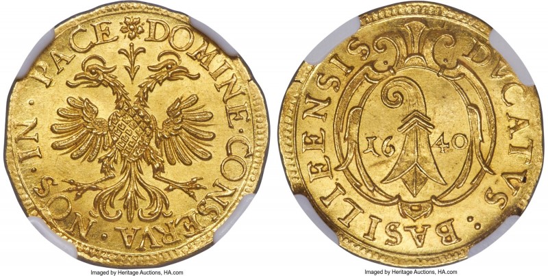 Basel. City gold Goldgulden (Ducat) 1640 MS65 NGC, KM97, Fr-50, HMZ-2-73h. An ex...