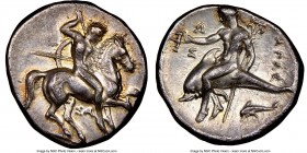 CALABRIA. Tarentum. Ca. 332-302 BC. AR stater or didrachm (22mm, 7.65 gm, 3h). NGC AU 4/5 - 3/5. Sa- and So-, magistrates. Warrior on horseback chargi...