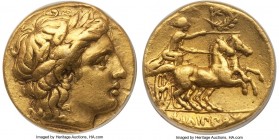 MACEDONIAN KINGDOM. Philip II (359-336 BC). AV stater (17mm, 11h). ANACS XF 40, repaired. Pella I, ca. 340/336-328 BC. Laureate head of Apollo right /...
