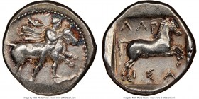 THESSALY. Larissa. Ca. 460-400 BC. AR drachm (19mm, 6.02 gm, 6h). NGC AU 4/5 - 3/5, scratch. Thessalus standing right, nude but for chlamys over shoul...