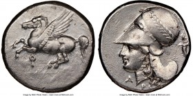 CORINTHIA. Corinth. Ca. 345-307 BC. AR stater (21mm, 8.27 gm, 9h). NGC Choice XF 5/5 - 2/5, brushed. Pegasus flying left; Ϙ below / Head of Athena lef...