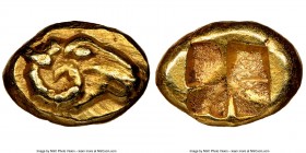 IONIA. Uncertain mint. Ca. 600-550 BC. EL 1/24 stater or myshemihecte (7mm, 0.63 gm). NGC Choice AU 5/5 - 5/5. Head of Ram right / Incuse square divid...