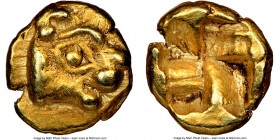 IONIA. Uncertain mint. Ca. 600-550 BC. EL 1/24 stater or myshemihecte (7mm, 0.67 gm). NGC AU 5/5 - 5/5. Phocaic standard. Head of roaring lion or pant...