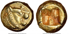 LYDIAN KINGDOM. Alyattes or Walwet (ca. 610-546 BC). EL 1/12 stater or hemihecte (8mm, 1.17 gm). NGC Choice AU 5/5 - 4/5. Sardes mint. Head of roaring...