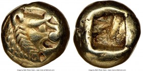 LYDIAN KINGDOM. Alyattes or Walwet (ca. 610-546 BC). EL 1/12 stater or hemihecte (7mm, 1.18 gm). NGC AU 4/5 - 4/5. Sardes mint. Head of roaring lion r...