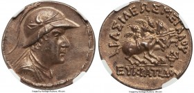 BACTRIAN KINGDOM. Eucratides I the Great (ca. 170-145 BC). AR tetradrachm (30mm, 16.95 gm, 11h). NGC Choice AU 5/5 - 4/5. Draped and cuirassed bust of...