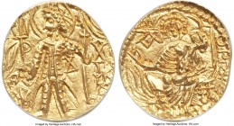 INDIA. Kushan Empire. Mahi (ca. AD 300). AV dinar (22mm, 7.84 gm, 11h). ANACS MS 63. Uncertain mint. Mahi standing facing, nimbate head left, wearing ...