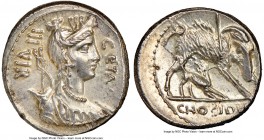C. Hosidius C.f. Geta (ca. 68 or 64 BC). AR denarius (18mm, 3.77 gm, 3h). NGC MS 5/5 - 5/5. Rome. GETA-III•VIR, draped bust of Diana right, seen from ...