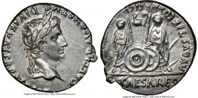 Augustus (27 BC-AD 14). AR denarius (21mm, 3.88 gm, 1h). NGC Choice AU 4/5 - 4/5. Lugdunum, 2 BC-AD 4. CAESAR AVGVSTVS-DIVI F PATER PATRIAE, laureate ...