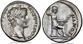 Tiberius (AD 14-37). AR denarius (18mm, 3.83 gm, 1h). NGC Choice AU 4/5 - 4/5. Lugdunum. TI CAESAR DIVI-AVG F AVGVSTVS, laureate head of Tiberius righ...
