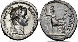 Tiberius (AD 14-37). AR denarius (19mm, 3.78 gm, 12h). NGC Choice AU 4/5 - 4/5. Lugdunum. TI CAESAR DIVI-AVG F AVGVSTVS, laureate head of Tiberius rig...