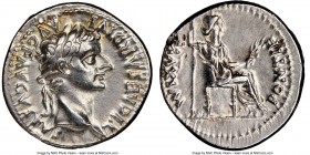Tiberius (AD 14-37). AR denarius (19mm, 3.86 gm, 3h). NGC Choice XF 5/5 - 3/5. Lugdunum. TI CAESAR DIVI-AVG F AVGVSTVS, laureate head of Tiberius righ...