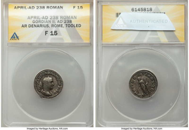 Gordian II Africanus (March-April AD 238). AR denarius (19mm, 11h). ANACS Fine 1...