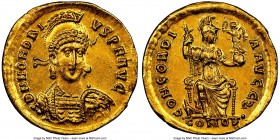 Honorius, Western Roman Empire (AD 393-423). AV solidus (19mm, 4.39 gm, 6h). NGC Choice AU 5/5 - 4/5. Constantinople, 6th officina, ca. AD 397-402. D ...