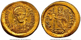 Anastasius I (AD 491-518). AV solidus (21mm, 4.52 gm, 7h). NGC Choice MS 5/5 - 5/5. Constantinople, 8th officina. D N ANASTA-SIVS PP AVG, helmeted, cu...