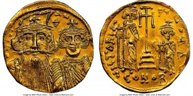 Constans II Pogonatus (AD 641-668), with Constantine IV, Heraclius and Tiberius. AV solidus (19mm, 4.44 gm, 7h). NGC MS 5/5 - 3/5, edge marks. Constan...