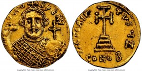 Leontius (AD 695-698). AV solidus (19mm, 4.46 gm, 5h). NGC Choice AU 4/5 - 3/5. Constantinople, 7th officina. D LЄO-N PЄ AV, facing bust of Leontius, ...