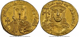 Nicephorus I and Stauracius (AD 803-811). AV solidus (19mm, 4.33 gm, 6h). NGC AU 4/5 - 3/5, edge filing, scratches. Constantinople. hICI-FOROS bASILЄ'...