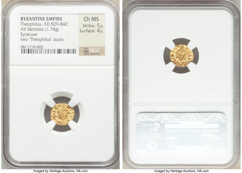 Theophilus (AD 829-842). AV semissis (12mm, 1.74 gm, 6h). NGC Choice MS 5/5 - 4/...