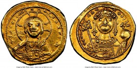 Constantine IX Monomachus (AD 1042-1055). AV tetarteron nomisma (18mm, 4.00 gm, 5h). NGC AU 5/5 - 2/5, ex-jewelry. Constantinople. +IhS XIS RЄX RЄϚNAN...