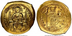 Constantine X Ducas (AD 1059-1067). AV histamenon nomisma (25mm, 4.33 gm, 6h). NGC MS 5/5 - 4/5. Constantinople. +IhS IXS RЄX-RЄϚNANTIhm, Christ seate...