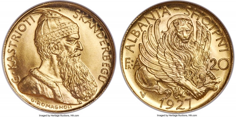 Republic gold "Prince Skanderbeg" 20 Franga Ari 1927-V MS67 NGC, Vienna mint, KM...