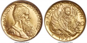 Republic gold "Prince Skanderbeg" 20 Franga Ari 1927-V MS67 NGC, Vienna mint, KM12. A true paragon of its type, offering satiny surfaces that reveal a...