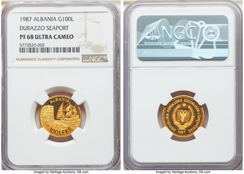 People's Socialist Republic gold Proof "Durazzo Seaport" 100 Leke 1987 PR68 Ultr...