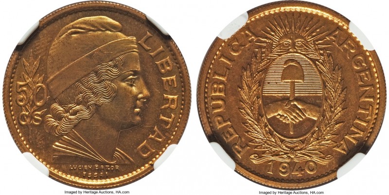Republic brass Proof Essai "Lucien Bazor" 50 Centavos 1940 PR63 NGC, Paris mint,...