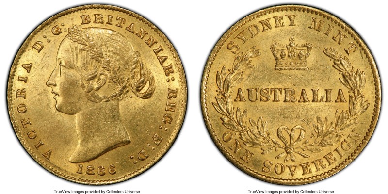 Victoria gold Sovereign 1866-SYNDEY MS63 PCGS, Sydney mint, KM4. A very high-tie...