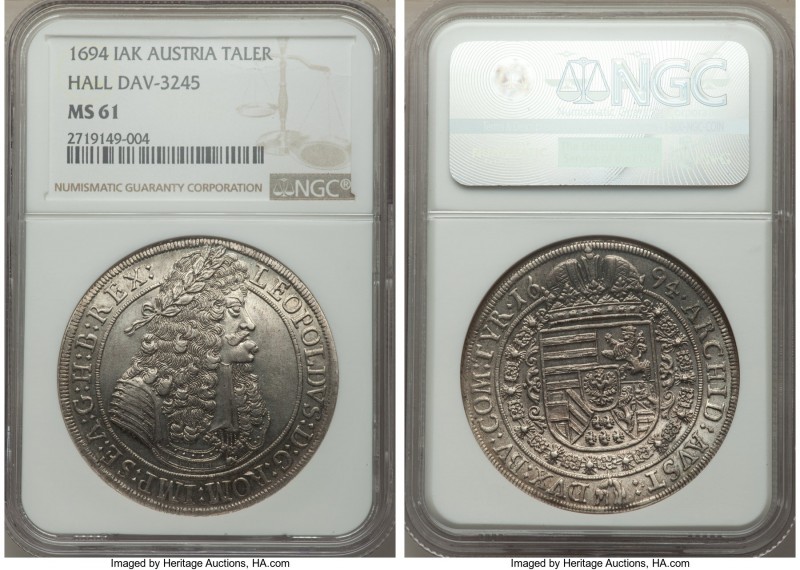 Leopold I Taler 1694-IAK MS61 NGC, Hall mint, KM1303.4, Dav-3245. An unusually f...