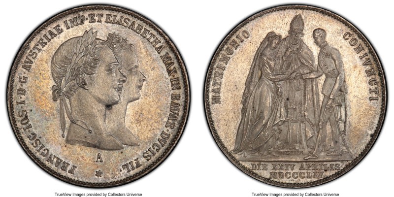 Franz Joseph I Medallic "Marriage" Gulden MDCCCLIV (1854)-A MS65 PCGS, Vienna mi...