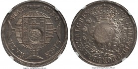 Portuguese Colony Counterstamped 1200 Reis ND (1887) MS61 NGC, KM29.5. Displaying round, crowned GP counterstamp (UNC Standard) on a Brazil João VI 96...