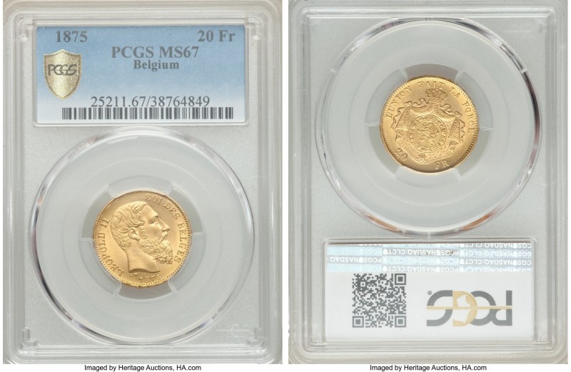 Leopold II gold 20 Francs 1875 MS67 PCGS, KM37. A virtually unimprovable specime...