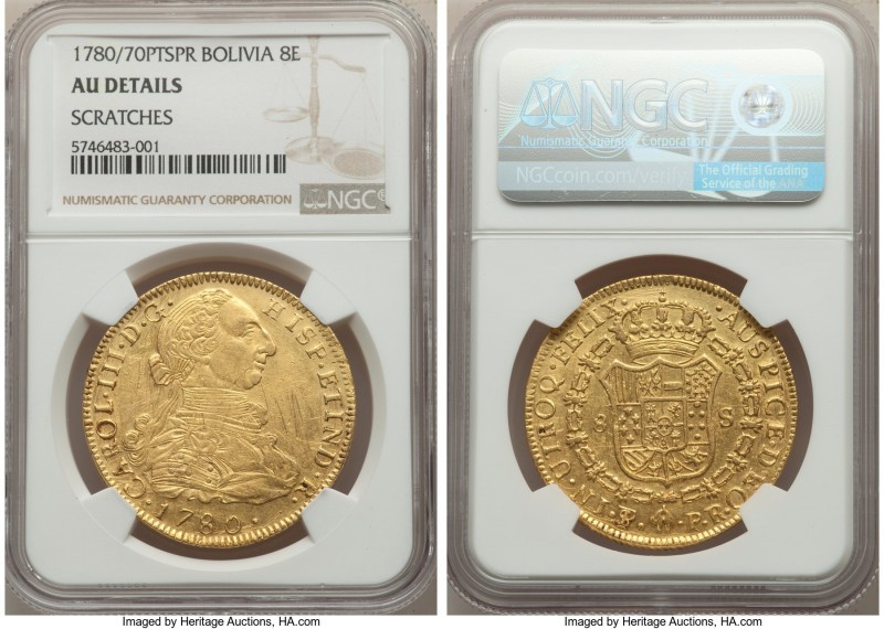 Charles III gold 8 Escudos 1780/70 PTS-PR AU Details (Scratches) NGC, Potosi min...