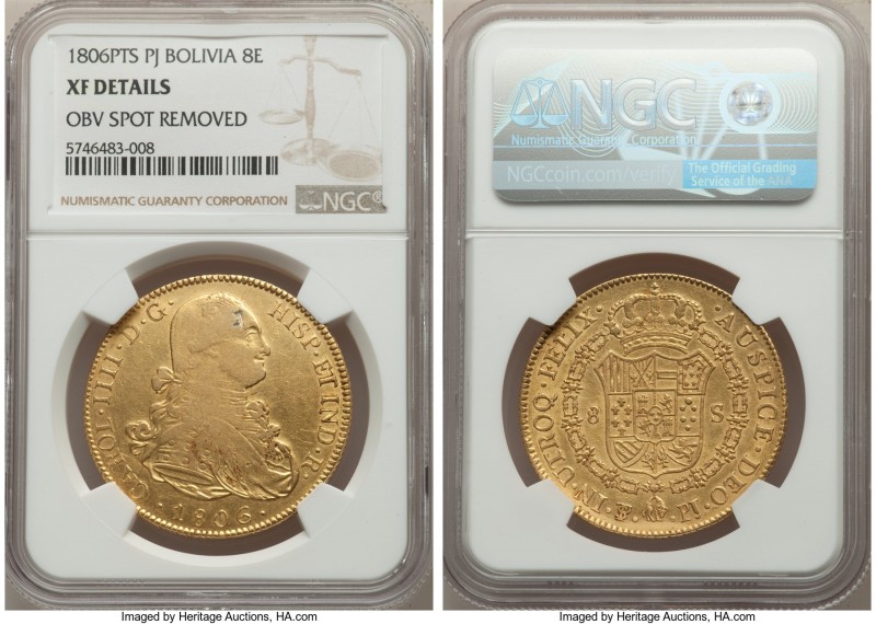 Charles IV gold 8 Escudos 1806 PTS-PJ XF Details (Obverse Spot Removed) NGC, Pot...