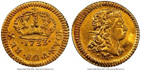 João V gold 400 Reis 1733-M AU53 NGC, Minas Gerais mint, KM145. A tough piece to acquire in any condition and seldom seen in higher circulated grades....