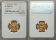 João V gold 1000 Reis 1708-R UNC Details (Cleaned) NGC, Rio de Janeiro mint, KM103, LMB-154, Gomes-90.01. A rare representative of this two-year type,...