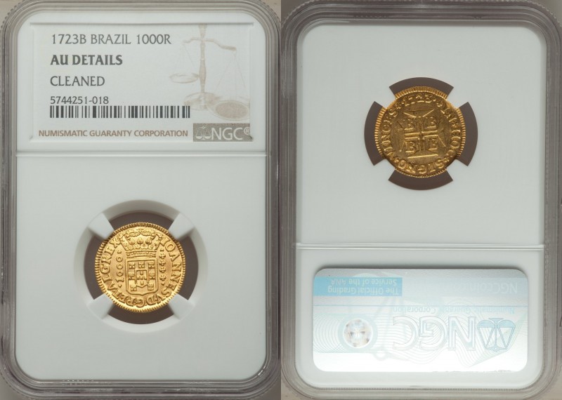 João V gold 1000 Reis 1723-B AU Details (Cleaned) NGC, Bahia mint, KM104. Attrac...