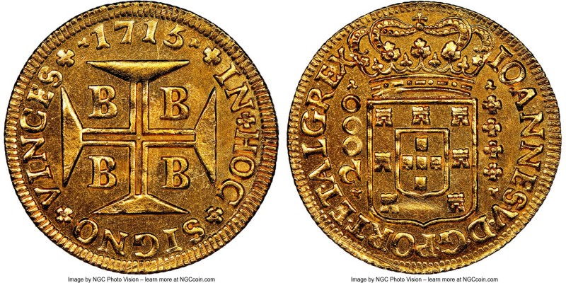 João V gold 2000 Reis 1715-B MS62 NGC, Bahia mint, KM105, LMB-54. The second fin...