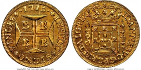 João V gold 2000 Reis 1715-B MS62 NGC, Bahia mint, KM105, LMB-54. The second finest certified specimen across NGC and PCGS combined, with just a few s...