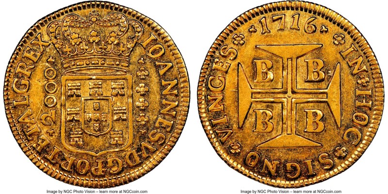 João V gold 2000 Reis 1716-B AU58 NGC, Bahia mint, KM105. Quite appealing, with ...