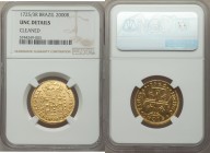 João V gold 2000 Reis 1725/3-R UNC Details (Cleaned) NGC, Rio de Janeiro mint, cf. KM112 (overdate unlisted), LMB-157 (same). The sole example of this...