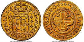 João V gold 2000 Reis 1749-(L) MS61 NGC, Lisbon mint, KM163, LMB-291. A charming one-year type, scarce so fine and quite appealing, its surfaces tinge...